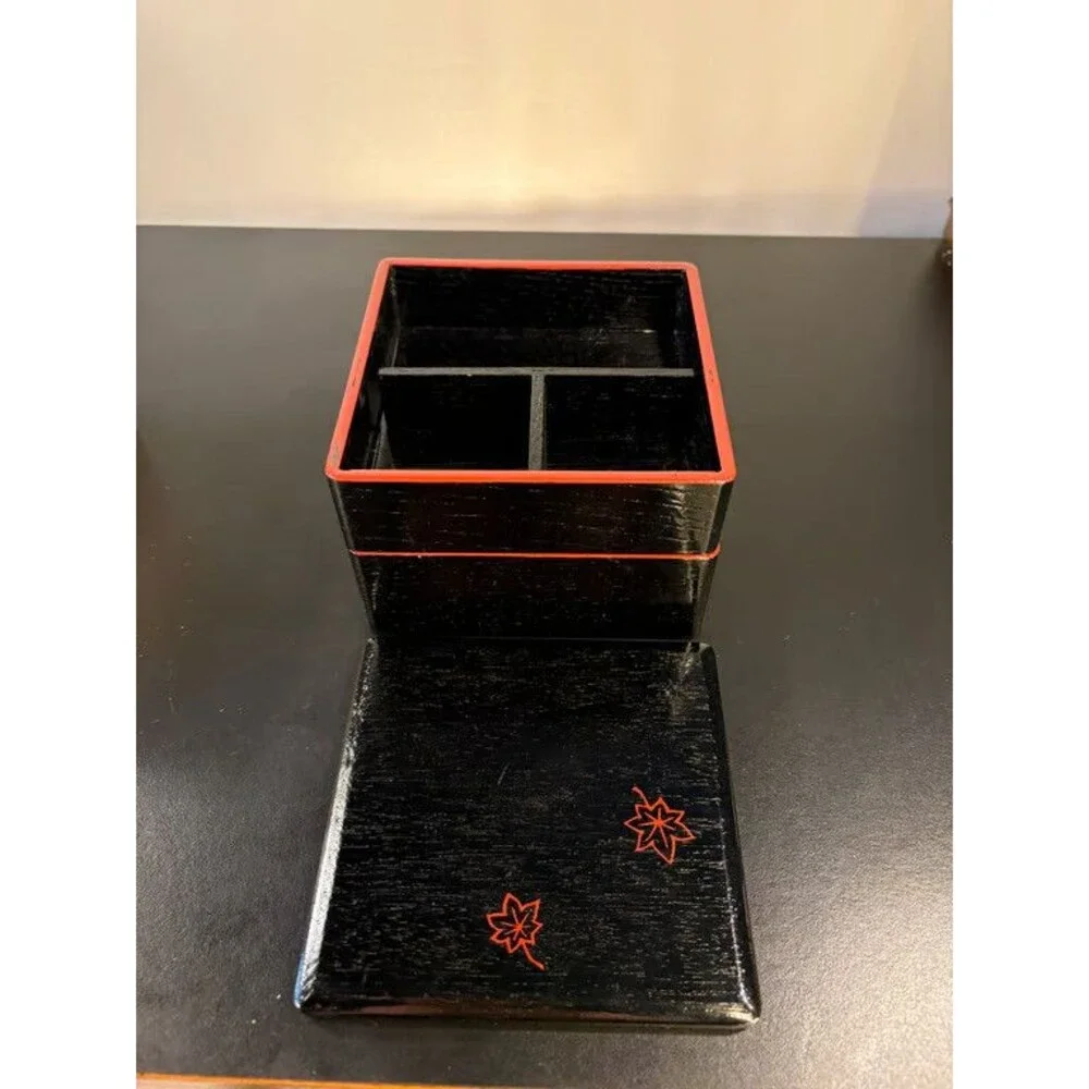 Japanese Jubako Two Tier Lacquer Stacking Box Red Maple Leaf Divider Bento